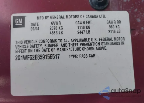 2005 Chevrolet Impala from USA, damaged, VIN 2G1WF52E859156517